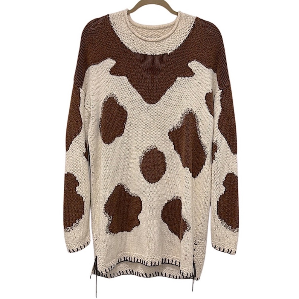 Vintage Hand Knitted Cow Print Saks Fifth Ave Cotton Blend L Western Brown Ivory